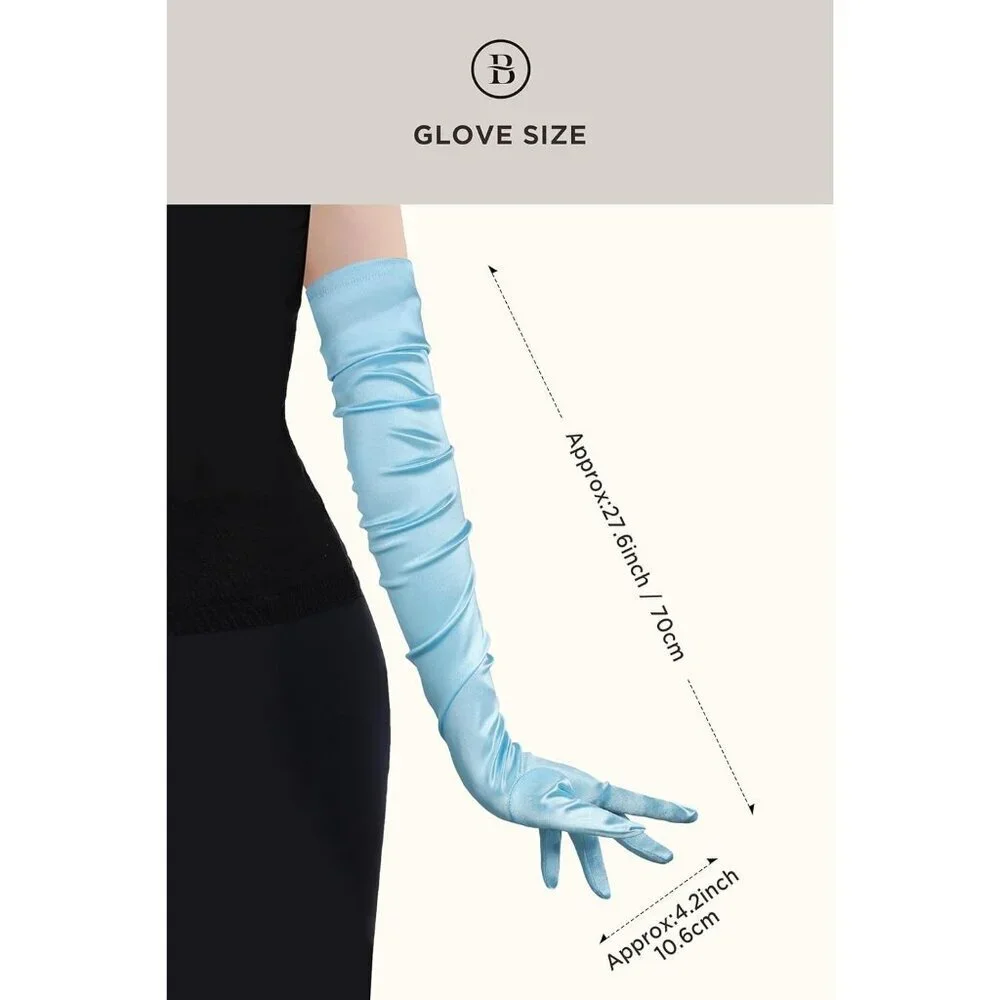 Women's Long Satin Gloves Baby Blue Stretchy Upper Arm Length Costume Design